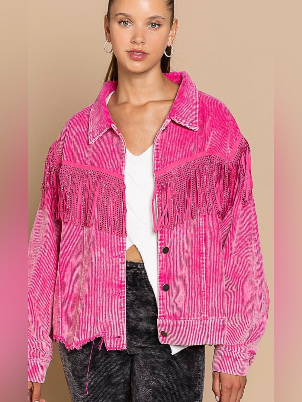POL Pink Fringe Corduroy Jacket Shacket